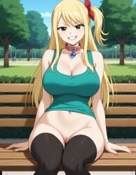 ai_generated bare_pussy black_legwear blonde_hair blonde_hair_female bottomless brown_eyes fairy_tail flashing_pussy free_use grin gyaru inviting kuro_inazuma lucy_heartfilia owned_bitch park park_bench pink_dog_collar pink_panties public public_indecency public_nudity public_park pussy ready_to_fuck smug smug_face stockings tank_top thigh_high_stockings thigh_highs thighhighs uncensored visible_pussy waiting_for_sex wanting_sex wide_hips young_woman