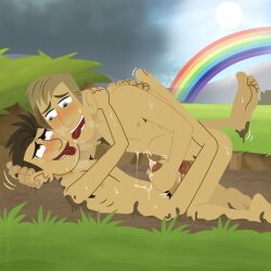 2boys ahe_gao barefoot blonde_hair brothers brown_hair chris_kratt family feet foreskin fraternity frottage gay handjob harzu incest lad male_focus male_only martin_kratt mud nude outdoors rainbow wild_kratts yaoi