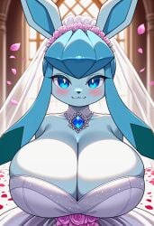 ai_generated anthro blue_body blue_eyes blue_fur breast_focus bride eeveelution fur furry furry_only game_freak generation_4_pokemon gigantic_breasts glaceon huge_breasts kemonogirls looking_at_viewer massive_breasts nintendo pokemon pokemon_(species) smiling thick_body thick_female wedding_dress