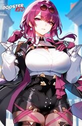 ai_generated boosterred99 cleavage_cutout curvy high-waist_shorts honkai:_star_rail jacket kafka_(honkai:_star_rail) large_breasts narrow_waist pantyhose purple_eyes purple_hair purple_pantyhose shirt thick_thighs white_shirt wide_hips