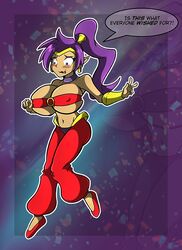 1girls big_breasts blue_eyes breast_expansion breasts dark_skin female female_only huge_breasts humanoid kiroxiii large_breasts purple_hair shantae shantae_(character) smooth_skin solo solo_female speech_bubble