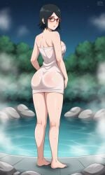 ai_generated ass barefoot bigmic145 black_eyes black_hair boruto:_naruto_next_generations breasts cleavage clothed clothed_female clothing feet female female_only foot_fetish glasses medium_breasts naked_towel naruto naruto_(series) sarada_uchiha shorts solo solo_female