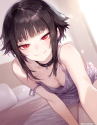 1girls ai_generated bare_shoulders bed bedroom black_hair breasts character_request choker cleavage dress female looking_at_viewer oerba_yun_fang original red_eyes selfie short_hair slit_pupils small_breasts smile strap_slip