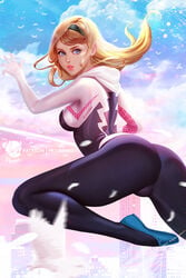 1girls artist_logo ass babydoll bird blonde_hair blue_eyes bodysuit city city_background cityscape feathers female female_only flats freckles gwen_stacy hairband in_the_air legs light-skinned_female light_skin long_hair long_legs looking_at_viewer looking_back marvel marvel_comics medium_breasts outside parted_lips prywinko slender_legs solo spider-gwen spider-man_(series) straight_hair teeth thighs tight_clothing