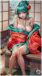 1girls ai_generated aqua_eyes aqua_hair big_breasts breasts cleavage female female_only kimono komurasaki kozuki_hiyori lipstick oiran one_piece undressing yametastudio