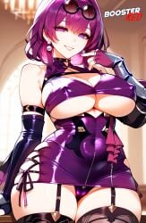 ai_generated black_stockings bodycon boosterred99 bridal_gauntlets cleavage_cutout curvy dress earrings high-waist_shorts honkai:_star_rail kafka_(honkai:_star_rail) large_breasts miniskirt purple_eyes purple_hair purple_pantyhose pussy seductive_smile shirt side-tie_panties sideboob smile stockings thick_thighs thighs underboob white_shirt wide_hips