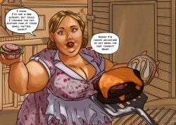 2022 60&#039;s_theme bbq bbq_grill blonde_female blonde_hair burger chubby_cheeks cleavage double_chin extrabaggageclaim fat_face housewife milf overweight overweight_female talking_to_partner talking_to_viewer text text_bubble wife wife_and_husband