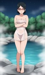 ai_generated barefoot bigmic145 black_eyes black_hair boruto:_naruto_next_generations breasts cleavage clothed clothed_female clothing feet female female_only foot_fetish glasses medium_breasts naked_towel naruto naruto_(series) sarada_uchiha shorts solo solo_female