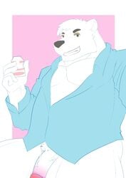 2019 aggressive_retsuko alfaookami anthro belly black_nose clothing fur humanoid_hands humanoid_penis male male_only mammal overweight overweight_male penis polar_bear sanrio shirota shirt smooth_fur solo teeth topwear ursid ursine white_fur