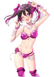 \m/ bikini black_hair bow bracelet breasts collarbone commentary_request contrapposto cowboy_shot female frilled_legwear hairbow highres jewelry looking_at_viewer love_live! love_live!_school_idol_project medium_breasts navel necklace nico_nico_nii one_eye_closed pink_bikini pink_legwear red_eyes sen_(sansui) shiny shiny_clothes smile solo standing swimsuit thighhighs tiara twintails white_background yazawa_nico