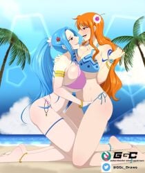 2girls adult_swim ass bikini blue_bikini blue_hair blue_tattoo blush brown_eyes cleavage female female_only fingering fingering_partner fingering_pussy fingers ggc hair_between_eyes hand_in_panties happy huge_breasts large_ass long_hair multiple_girls nami nami_(one_piece) nefertari_vivi one_piece open_mouth orange_hair pink_bikini ponytail post-timeskip sweat swimsuit tattoo thick_thighs thighs tongue tongue_out toonami underwear wide_hips yuri