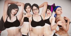 3d 5girls ada_wong ada_wong_(adriana) asian asian_female breasts brown_eyes crossover dark_hair eastern_and_western_character final_fantasy final_fantasy_vii_remake glasses headband honey_select_2 joey3d_(artist) juri_han kei_(ryuu_ga_gotoku) kitana kson_onair looking_at_viewer mortal_kombat mortal_kombat_11 pink_eyes posing resident_evil resident_evil_4 resident_evil_4_remake ryuu_ga_gotoku smile smiling_at_viewer sports_bra street_fighter street_fighter_6 tifa_lockhart tongue_out two_tone_hair underwear white_background