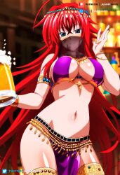 ai_generated arabian_clothes bar big_breasts blue_eyes curvy curvy_figure drink high_school_dxd jewelry juanpi_amvs long_hair patreon patreon_username red_hair rias_gremory tavern veil watermark