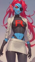 1girls ai_generated alternate_costume cameltoe eyepatch female female_only fit_female game_freak nintendo pokemon scalieton self_upload team_rocket team_rocket_(cosplay) team_rocket_uniform tight_clothing undertale undertale_(series) undyne