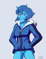 1girls blue_body blue_eyes blue_hair blue_skin bottomless cartoon_network digital_art digital_drawing_(artwork) digital_media_(artwork) digital_painting_(artwork) female gem_(species) hands_in_pockets hoodie hoodie_only lapis_lazuli lapis_lazuli_(gem) lapis_lazuli_(steven_universe) looking_at_viewer no_panties pussy smirk solo steven_universe thighs upskirt