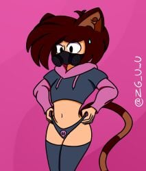 1boy adjusting_clothes artist_name belly_button big_thighs black_eyes brown_hair cat_ears cat_tail eter(zg)_(zg_uwu) face_mask femboy gas_mask hi_res highres male_focus male_only meme meme_clothing neko original_character simple_background simple_shading solo solo_focus tagme thighhighs two_tone_tail underwear white_skin zg_uwu