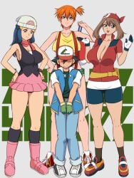 1boy 3girls adapted_costume age_difference aged_up ash_ketchum asymmetrical_hair bandana bare_legs baseball_cap beanie bike_shorts black_hair blue_eyes blue_hair blush boots breasts brown_hair cleavage cowboy_shot creatures_(company) curvy dawn_(pokemon) denim denim_shorts game_freak glamour_works gloves green_eyes green_hair gym_leader hair_ornament hat height_difference highres huge_breasts kasumi_(pokemon) large_breasts legs legs_together lento lento_(glamour_works) long_hair looking_at_viewer may_(pokemon) miniskirt multiple_girls navel nintendo nipples onee-shota open_mouth orange_hair pants pink_footwear pokemon pokemon_(anime) pokemon_(classic_anime) pokemon_dppt_(anime) pokemon_rse_(anime) ponytail red_hair red_scarf satoshi_(pokemon) scarf shirt shoes short_hair short_shorts shorts side_ponytail simple_background size_difference skirt sleeveless smile sneakers socks solo standing straight suspenders tank_top thick_thighs thighs underboob underwear unzipped wide_hips yellow_shirt yellow_tank_top