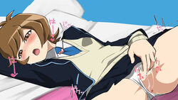 1girls anus bed black_skirt blush brown_eyes brown_hair cute female female_focus female_only fingering fingering_self flat_chest japanese_text konami laying_on_bed masturbation mizutenka moaning moaning_in_pleasure open_mouth panties panties_aside point_of_water pussy_juice school_uniform shiny_hair short_hair skirt skirt_lift solo solo_female solo_focus sweat text translation_request white_panties yu-gi-oh! yuu-gi-ou yuu-gi-ou_vrains zaizen_aoi