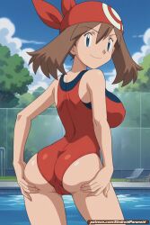 ai_generated aindroidparanoid bandana big_ass big_breasts big_butt blue_eyes breasts brown_hair from_behind game_freak grabbing_ass hourglass_figure huge_breasts large_ass large_breasts large_butt may_(pokemon) narrow_waist nintendo one_piece_swimsuit outside pokegirl pokemon pokemon_ruby_sapphire_&_emerald pool short_hair showing_ass stable_diffusion swimsuit wide_hips