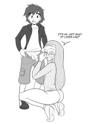 1boy 1girls after_sex age_difference big_hero_6 caught cum cum_on_face dialogue disney english_text female glasses hiro_hamada honey_lemon klassyarts_(artist) kneeling long_hair looking_at_viewer male marvel marvel_comics monochrome penis penis_out semen straight text