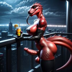 3d ai_generated ass balcony balls city cock drink futanari gloves latex long_tongue reptile reptile_humanoid scalie thighhighs