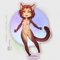 :3 animal_ears ass_visible_through_thighs body_fur braid breasts brown_hair cat_ears cat_girl cat_tail chibi cleft_of_venus dated female full_body furry khajiit kitsuneka-san looking_at_viewer m'rissi_(skyrim) medium_hair nipples open_mouth original patreon_username pawpads polka_dot polka_dot_background pussy single_braid small_breasts solo standing standing_on_one_leg tail the_elder_scrolls the_elder_scrolls_v:_skyrim