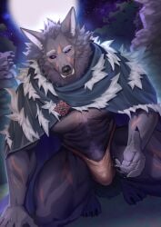 anthro barely_visible_genitalia barely_visible_penis black_sclera blaidd_(elden_ring) bulge canid canine canis claws cloak clothing digital_drawing_(artwork) digital_media_(artwork) elden_ring finger_claws fromsoftware full_moon fur furry genitals hi_res looking_at_viewer male male_only mammal moon navel night nipples outside penis purple_eyes sacorxi scar solo toe_claws wolf