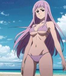 ai_generated bikini bra breasts cloud long_hair melascula panties purple_hair sand seven_deadly_sins sky water