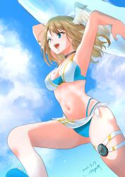 1girls bikini blue_eyes blue_pupils blush breast_tattoo choker eunie_(xenoblade) female head_wings highres medium_breasts nayuta-kanata nintendo smile solo swimsuit tattoo white_wings wings wings_on_head xenoblade_(series) xenoblade_chronicles_3