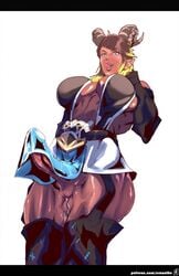 athletic big_breasts blue_eyes breasts brown_hair brown_skin bulge character_request clothed color demon dickgirl eraanthe erection final_fantasy futanari horns intersex licking_lips low-angle_view milf muscles penis solo_futa