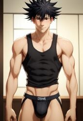 abs ai_generated biceps black_hair blush fushiguro_megumi gay jockstrap jockstrap_only jujutsu_kaisen looking_at_viewer male male_only muscular muscular_male nipples pecs smile spiked_hair tank_top toned_body toned_male twall97