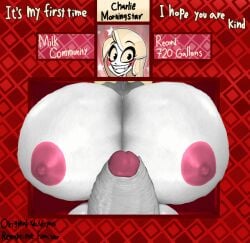 3d artist_name breasts_through_wall character_name charlie_morningstar_(hazbin_hotel) futanari hair hazbin_hotel huge_breasts huge_cock hypfutalover nipples nude picture_frame public_nudity remake tagme text