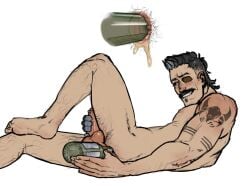 1boy alcohol_enema anal anus apex_legends arm_tattoo ass balls bara beer beer_bottle beer_enema biting_lip black_hair body_hair boofing brown_eyes butt_chugging dick eyepatch facial_hair feet fuse_(apex_legends) gay hairy hairy_anus hairy_ass hairy_legs hairy_male human human_only male male/male male_only milk_guts_(artist) moustache mullet mustache nipples object_in_ass object_insertion penis prosthetic prosthetic_arm scar solo solo_male tattoo tattooed_arm uncensored yaoi