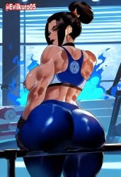 1girls ai_generated avatar_legends avatar_the_last_airbender azula back_view black_lipstick earrings evilkuro05 female fire_nation leggings lipstick looking_back massive_ass muscular_female workout_clothes