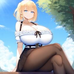 ai_generated ameanon big_breasts blonde_hair breasts cleavage crossed_legs hololive hololive_english hololive_myth huge_breasts large_breasts mole_on_breast pantyhose sitting skirt thick_thighs virtual_youtuber vtuber watson_amelia