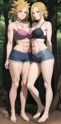 2girls abs ai_generated artist_name artist_request black_bra blonde_hair bra cleavage conniexx cyan_eyes denim_shorts fit_female forest medium_breasts muscular muscular_female naruto_(series) necklace pink_bra shorts sisters slim_thick smile stable_diffusion temari thick_thighs