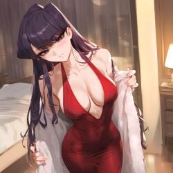 1girls ai-created ai_generated bangs bare_shoulders bed black_eyes black_hair blush breasts clavicle cleavage clothing completely_nude covered_navel cowboy_shot curtains curvaceous curvaceous_female curvaceous_figure curvy curvy_figure dress female female_focus fur_coat halterneck head_tilt indoors komi-san_wa_komyushou_desu komi_shouko lamp large_breasts light-skinned_female light_skin long_hair looking_at_viewer off_shoulder open_clothes parted_lips purple_eyes purple_hair red_dress sleeveless sleeveless_dress solo thighs voluptuous voluptuous_female waifulover white_coat window