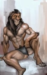 abs anthro biceps dagantfus_(artist) disney eye_scar facial_scar felid hi_res lion male mammal muscular muscular_anthro muscular_male nipple_piercing nipples pantherine pecs piercing scar scar_(the_lion_king) solo the_lion_king