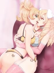 2girls ass_tattoo big_ass blonde_hair bra bridal_gauntlets choker drill_hair fire_emblem fire_emblem_awakening garter_belt green_eyes hair_ribbons hand_on_another's_ass hand_on_another's_face hypnosis incognigoat kissing leg_tattoo lingerie lissa_(fire_emblem) maribelle_(fire_emblem) multiple_girls nintendo orange_eyes panties pink_panties tattoo thighhighs twintails underwear yellow_panties yuri