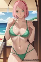 1girls ai_generated beach beach_chair beach_umbrella blush bob_cut boruto:_naruto_next_generations breasts chair cleavage closed_mouth curvaceous curvy curvy_body curvy_female curvy_figure deviantart deviantart_username ecchibishop facial_mark forehead_mark green_bikini green_eyes light-skinned_female light_skin long_hair looking_at_viewer mature mature_female midriff milf nai_diffusion naruto naruto_(series) paipan pale-skinned_female pale_skin petite petite_body pink_hair sakura_haruno seaside shoulder_length_hair small_breasts smile solo solo_focus stable_diffusion umbrella upper_body url watermark web_address white_skin