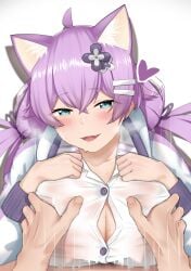 1boy ahoge animal_ears blue_eyes cat_ears female gamarenji hair_ornament hairclip heavy_breathing highres indie_virtual_youtuber long_hair looking_at_viewer oerba_yun_fang open_mouth paizuri paizuri_under_clothes pov purple_hair shinonome_hatsuri straight tagme virtual_youtuber