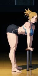 ai_generated arched_back artist_name artist_request black_shorts blonde_hair conniexx fit_female leggings medium_breasts naruto_(series) shorts slim_thick smile sports_bra stable_diffusion sweat sweating temari thick_thighs