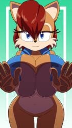 against_screen anthro blue_eyes brown_fur brown_hair clothing furry kojiro-brushard large_breasts looking_at_viewer sally_acorn sonic_(series) sonic_the_hedgehog_(archie) sonic_the_hedgehog_(comics) sonic_the_hedgehog_(idw) sonic_the_hedgehog_(series) tagme vest wide_hips