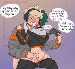 2boys anal artist_name ass ass_grab bad_tag bakudeku bakugou_katsuki bite_mark black_jacket black_pants blonde_hair blush boku_no_hero_academia bones_(company) bones_(studio) bottomless choker clothed_sex clothes_pull controller crop_top dialogue english_text femboy freckles game_controller gamer gamer_boy gaming gaming_controller gaming_headset gaming_while_penetrating gay gay_sex green_hair grey_shirt grin hand_on_another's_shoulder hands_on_another's_shoulders headphones headset holding holding_controller holding_game_controller hood hood_down hoodie izuku_midoriya jacket juices katsuki_bakugou live_stream long_sleeves looking_at_another male male/male male_focus male_penetrated male_penetrating midoriya_izuku multiple_boys my_hero_academia on_lap pants pants_pull penis playing_games red_eyes sex shirt short_hair shounen_jump sitting sitting_on_lap sitting_on_person size_difference smile speech_bubble straddling streaming sweat talking teeth twink twinstars420 upright_straddle yaoi