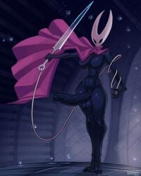 anthro arthropod balls big_breasts big_penis black_balls black_body black_eyes breasts cape cape_only clothing erection front_view ftg_crossgender fti_crossgender genitals gynomorph hi_res hollow_knight hornet_(hollow_knight) huge_cock hyper hyper_genitalia hyper_penis intersex mostly_nude penis rule_63 sewing_needle slim small_waist snao solo standing team_cherry weapon