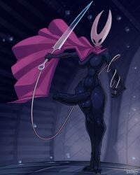 anthro arthropod balls big_breasts big_penis black_balls black_body black_eyes breasts cape cape_only clothing erection front_view ftg_crossgender fti_crossgender futa futanari genitals gynomorph hi_res hollow_knight hornet_(hollow_knight) huge_cock hyper hyper_genitalia hyper_penis intersex mostly_nude penis rule_63 sewing_needle slim small_waist snao solo standing team_cherry weapon