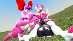 2futas 3d 3d_(artwork) amy_rose anthro birdo blowjob bodysuit breasts cock_and_balls crossover furry futa_only futanari mario_(series) neckline nintendo orgasm rouge_the_bat_(cosplay) sega shiningboyz3d sonic_(series) sonic_the_hedgehog_(series) spandex_suit