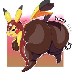 1:1 2019 :3 absurd_res anthro anthro_only ass big_breasts big_butt bouncing_butt breasts bubble_butt butt_jiggle cleft_tail clothed clothing cosplay_pikachu female fur hi_res huge_butt looking_at_viewer looking_back mask nintendo pikachu pikachu_libre pokémon_(species) pokemon pokemon_oras pokemon_rgby presenting rear_view shortstack solo thick_thighs trinity-fate62 twerking video_games voluptuous