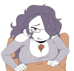 boob_job boobs breasts cursedoggo earings exposed_shoulders glasses grey_shirt hair_covering_eye hands_on_waist licking_lips long_hair looking_at_viewer paizuri paizuri_lead_by_female paizuri_on_lap paizuri_under_clothes purple_eyes purple_hair the_introverted_cartoonist titfuck youtube