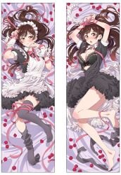 bare_arms bare_legs bare_thighs barefoot bed_sheet big_breasts black_bra black_thighhighs blush body_blush bra breasts brown_hair cleavage dakimakura embarrassed feet hands_tied kanojo_okarishimasu long_hair lying maid_headdress maid_uniform mizuhara_chizuru official_art open_clothes petals skirt thighhighs thighhighs_removed thighs toes zettai_ryouiki